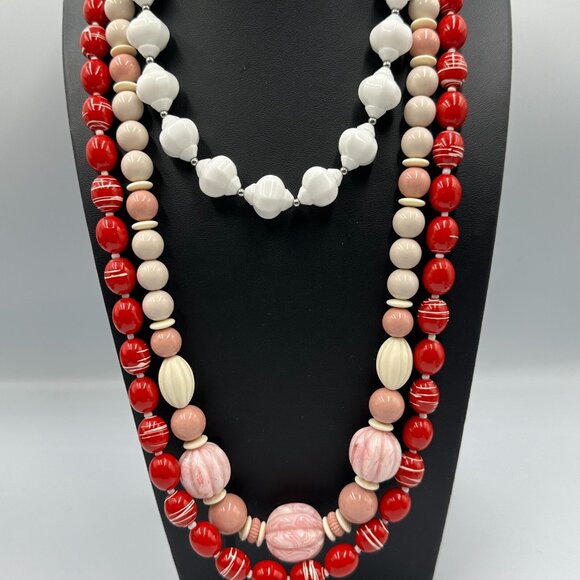 Vintage Lucite Bead Necklaces Lot Red White Marbled Lucite Chunky Layered Bold - Picture 4 of 12